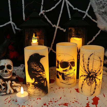 DRomance Halloween Flameless Flickering Candles Battery Operated with 6 Hour Timer White Real Wax Spooky LED Pillar Candles Skull Spider Crown Decals Hallloween Indoor Decor(3 x 6 Inches)