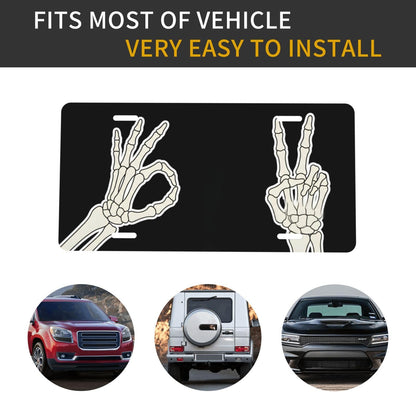Skeleton Hand Ok and Peace Sign Front License Plate for Women Car Vanity Plates Decorative Aluminum Metal Cute Novelty License Plate Cover for Men 6x12 Inch (4 Holes)