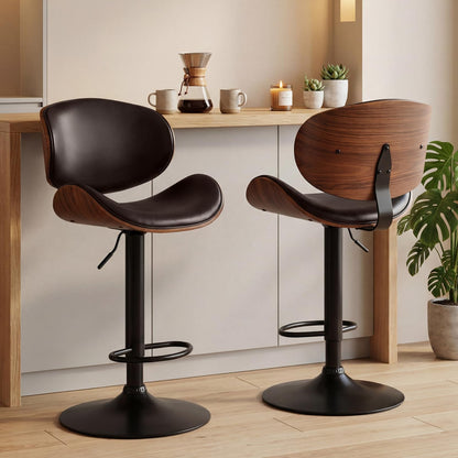 HAPPYMONT Swivel Bar Stools Set of 2, Adjustable Height 37-45 Inch Bentwood Barstools with Removable Back, PU Leather Upholstered Bar Chair for Kitchen Island Dining Room, Brown