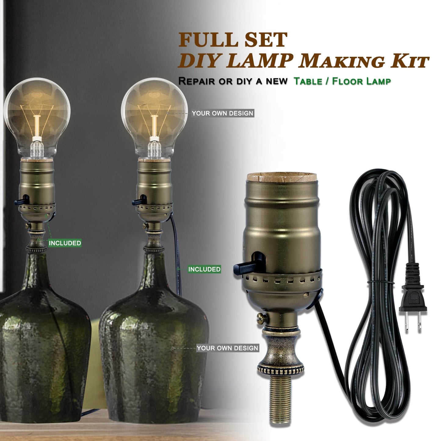 Lamp Rewire Kit,Lamp Socket Replacement Kit,Antique Brass Light Socket with Matching Electric Cord Set,DIY Lamp Making Kit Lamp Wiring Kit with All Essential Hardware (Bronze, 1)