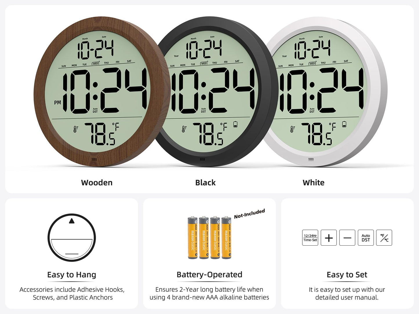 Digital Wall Clock Battery-Operated, 8 Inch Small Decorative Modern Wood Wall Clock with Date, Temperature, Auto-DST, Silent Electric Wall Clock for Bedroom, Living Room, Kitchen, Office, Farmhouse