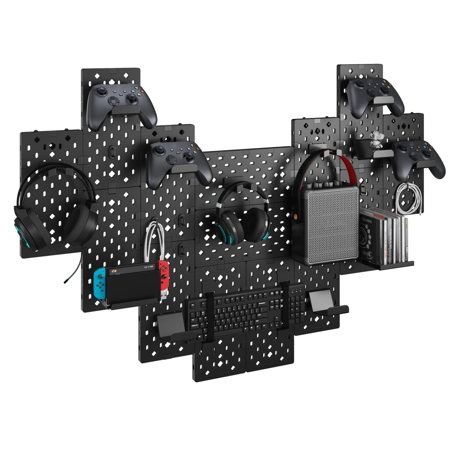 PEGZONE Controller and Headphone Holder Wall Mount, Modular Gaming Pegboard with Accessories, Controller Stand for Xbox PS5 PS4 Switch, Video Game Storage, Disc Shelf Organizer, 14pcs Pegboard, Black