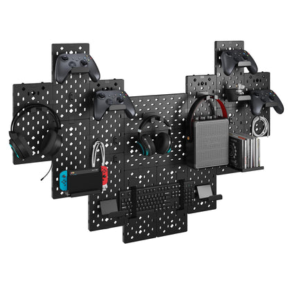 PEGZONE Controller and Headphone Holder Wall Mount, Modular Gaming Pegboard with Accessories, Controller Stand for Xbox PS5 PS4 Switch, Video Game Storage, Disc Shelf Organizer, 14pcs Pegboard, Black