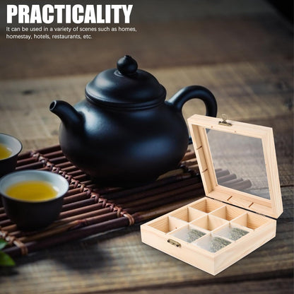 FAVOMOTO Multi-Compartment Countertop Holder, Wooden Tea Storage Box with 9 Divided Sections for Tea Bags and Seasoning
