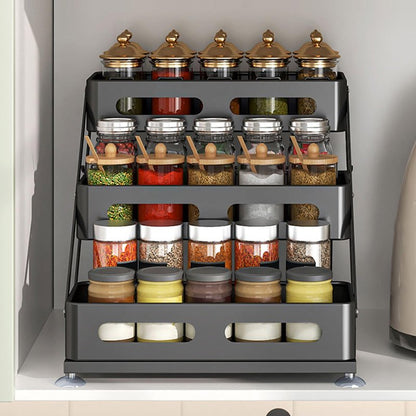 Ceetug 3 Tier Foldable Spice Rack for Countertop Iron Kitchen Seasoning Organizer for Cabinet, Black
