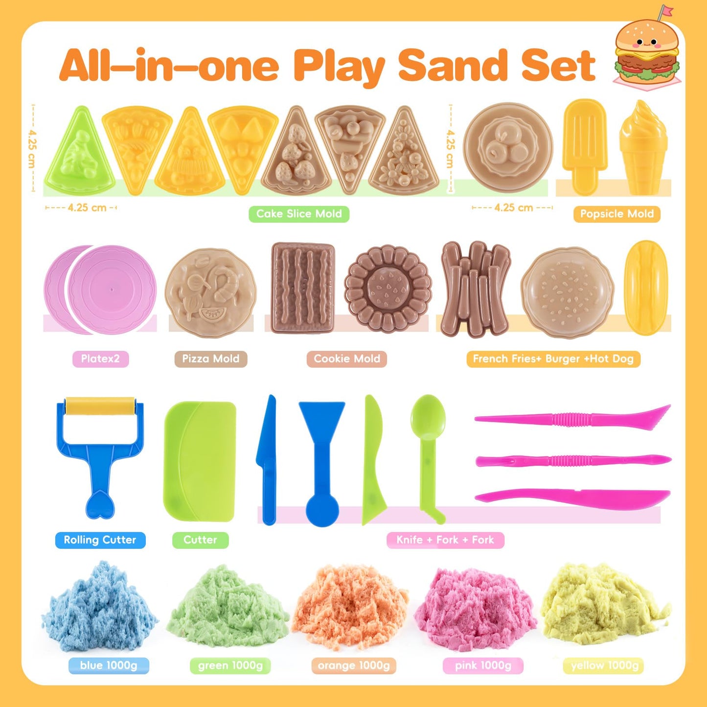 Crelloci Food Theme Magic Play Sand Kit for Kids – 2.2lb Sensory Play Sand with Burger, Hot Dog, Chips, Cake & Ice Lolly Moulds, Cutters, Roller, Fork & Spoon – Creative Sand Toys for Kids Age 3+