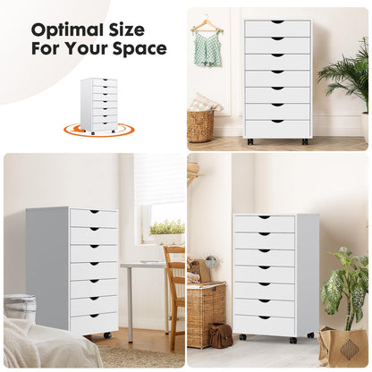 OLIXIS 7 Drawer Mobile File Cabinet Under Desk Storage Organization with Wheels Vertical Filing Chest Rolling Wood Small Desk Printer Stand for Home Office, 15.75"D x 18.74"W x 34.25"H, White