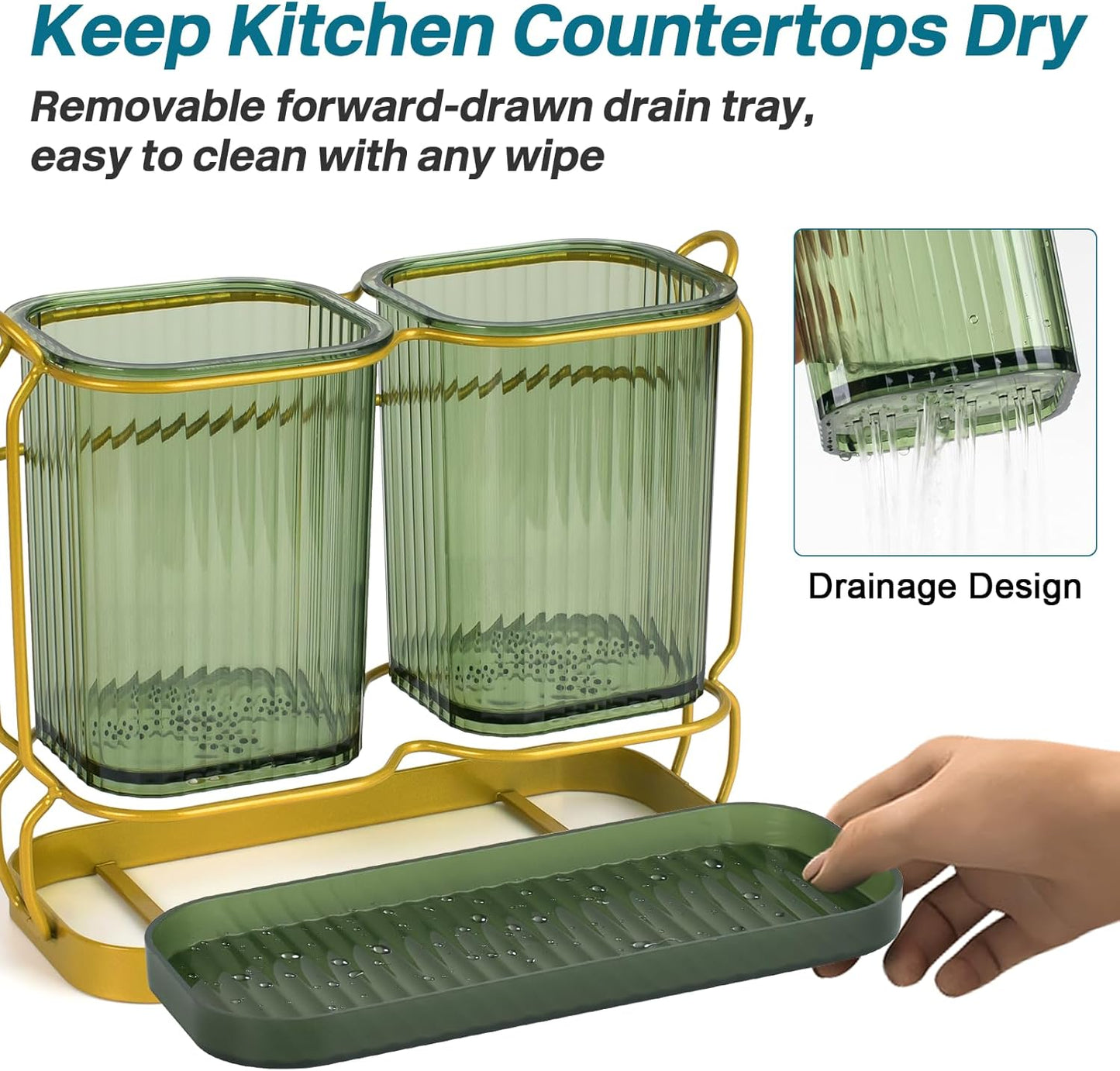 Utensil Holder for Kitchen Countertop, Plastic Organizer with Drain Tray, Wall Mounted Large Crock for Spatula Spoon