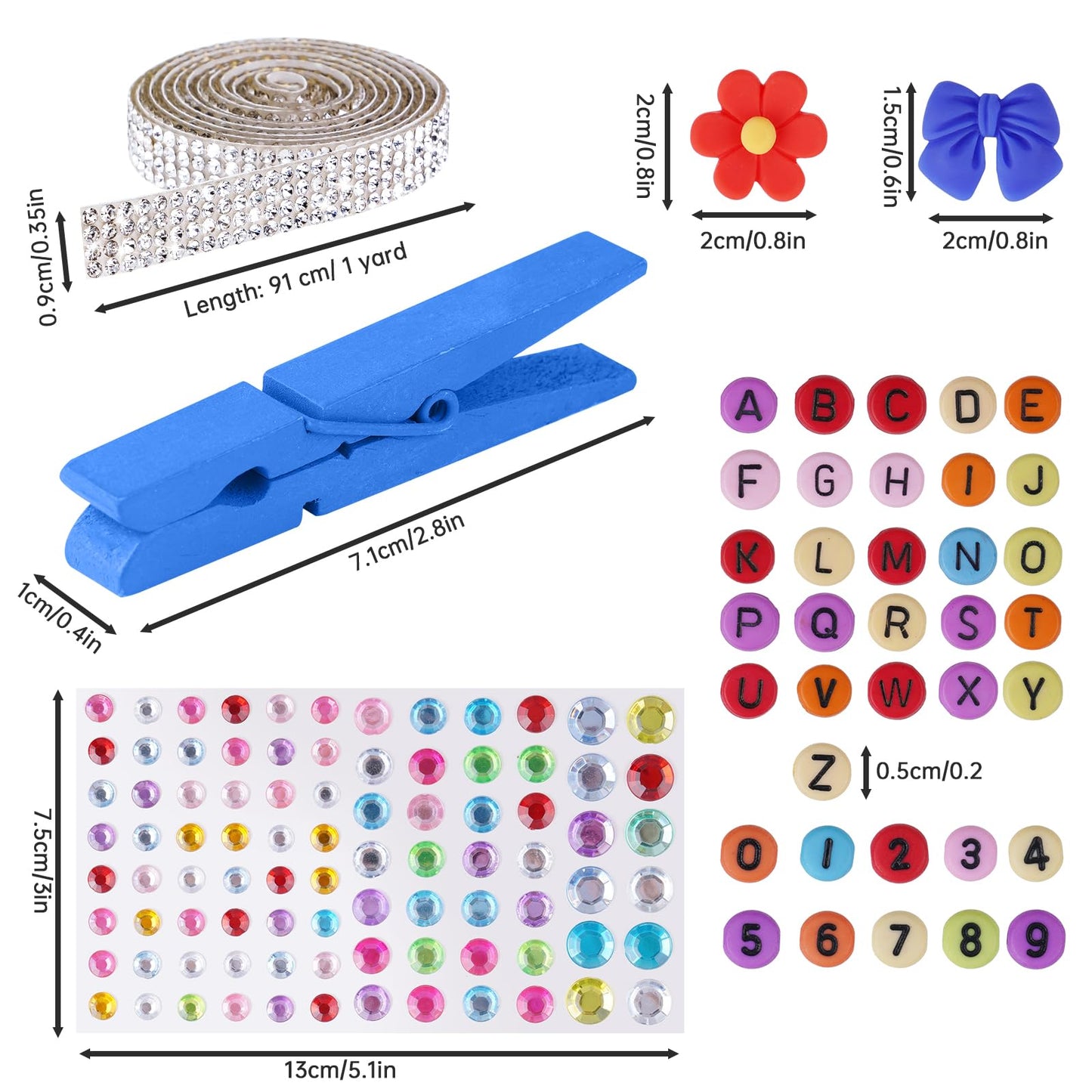 Aphlos 100PCS DIY Cheer Pin Decoration Kit with Wooden Clips, Mini Bows, Flowers, Glitter Ribbons, Rhinestone Stickers, Alphabet & Number Buttons, Cheerleading Craft Supplies for School Projects