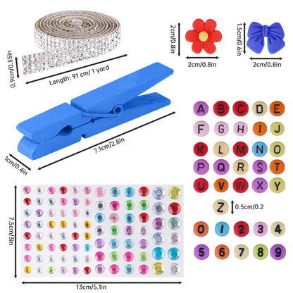 Aphlos 100PCS DIY Cheer Pin Decoration Kit with Wooden Clips, Mini Bows, Flowers, Glitter Ribbons, Rhinestone Stickers, Alphabet & Number Buttons, Cheerleading Craft Supplies for School Projects