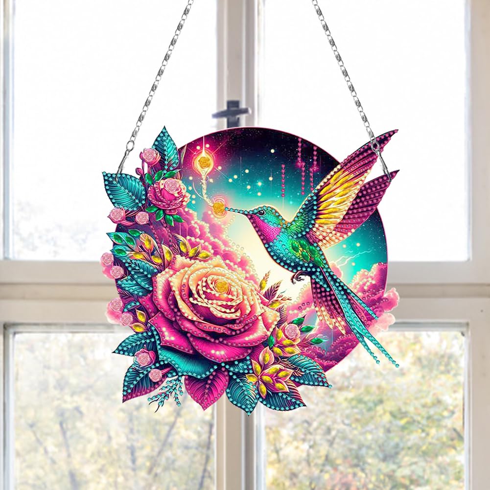 C‘eitura DIY Acrylic Hummingbird & Flower Diamond Painting Hanging Pendant Kit, 5D Special Shape Crystal Art for Home Wall Decor, Unique Gift for Women & Teens