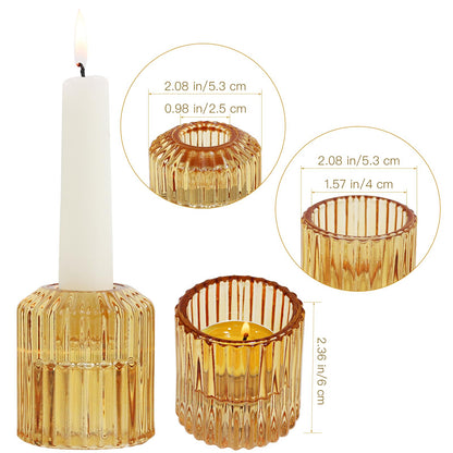 CHOCSTAY Reversible Amber Glass Candle Holder Set of 6, Thick Heat-Resistant Glass Candlestick Holders for Taper, Tealight, Votive, LED Candles, Perfect for Wedding, Party, Home Décor