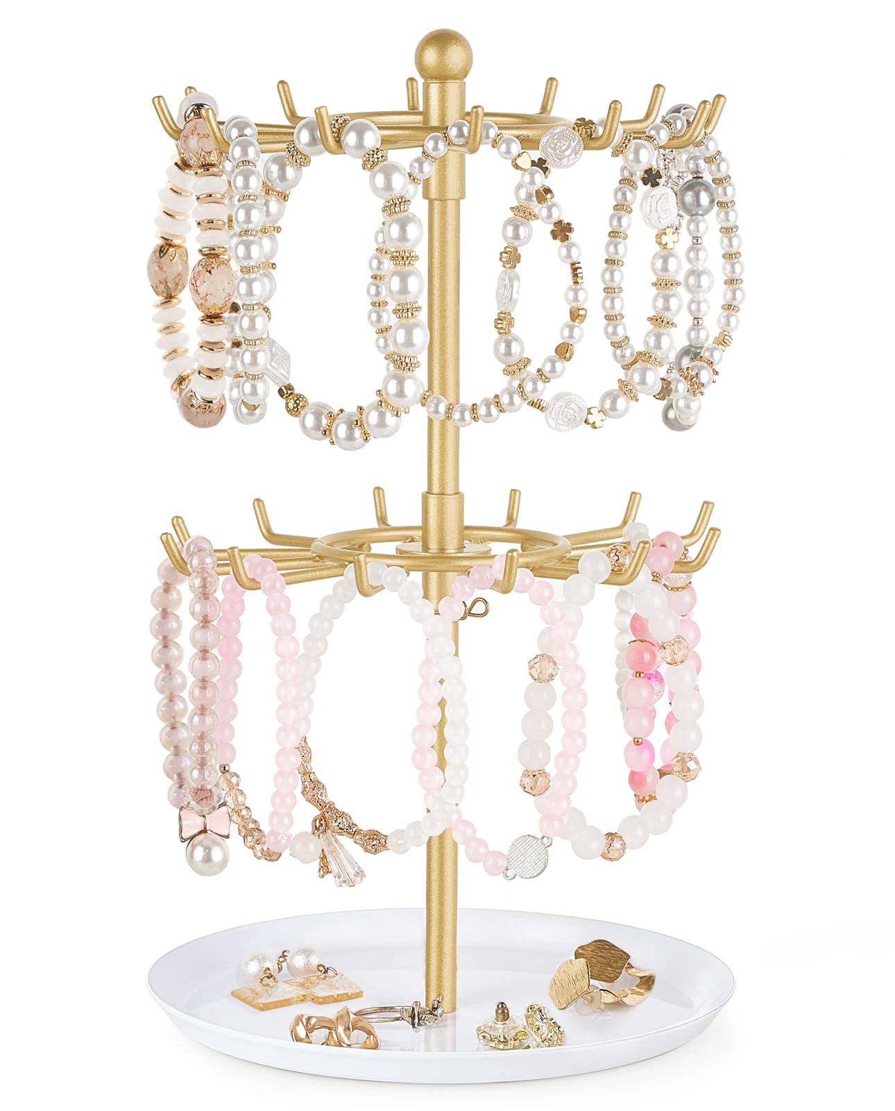Mkono Bracelet Holder Gold Metal Rotating Bracelet Display Stand 2 Tier Jewelry Organizer with 24 Hooks and Wood Tray Adjustable Tree Stand Tower Rack for Storage Selling KeyChain Bangle Accessories