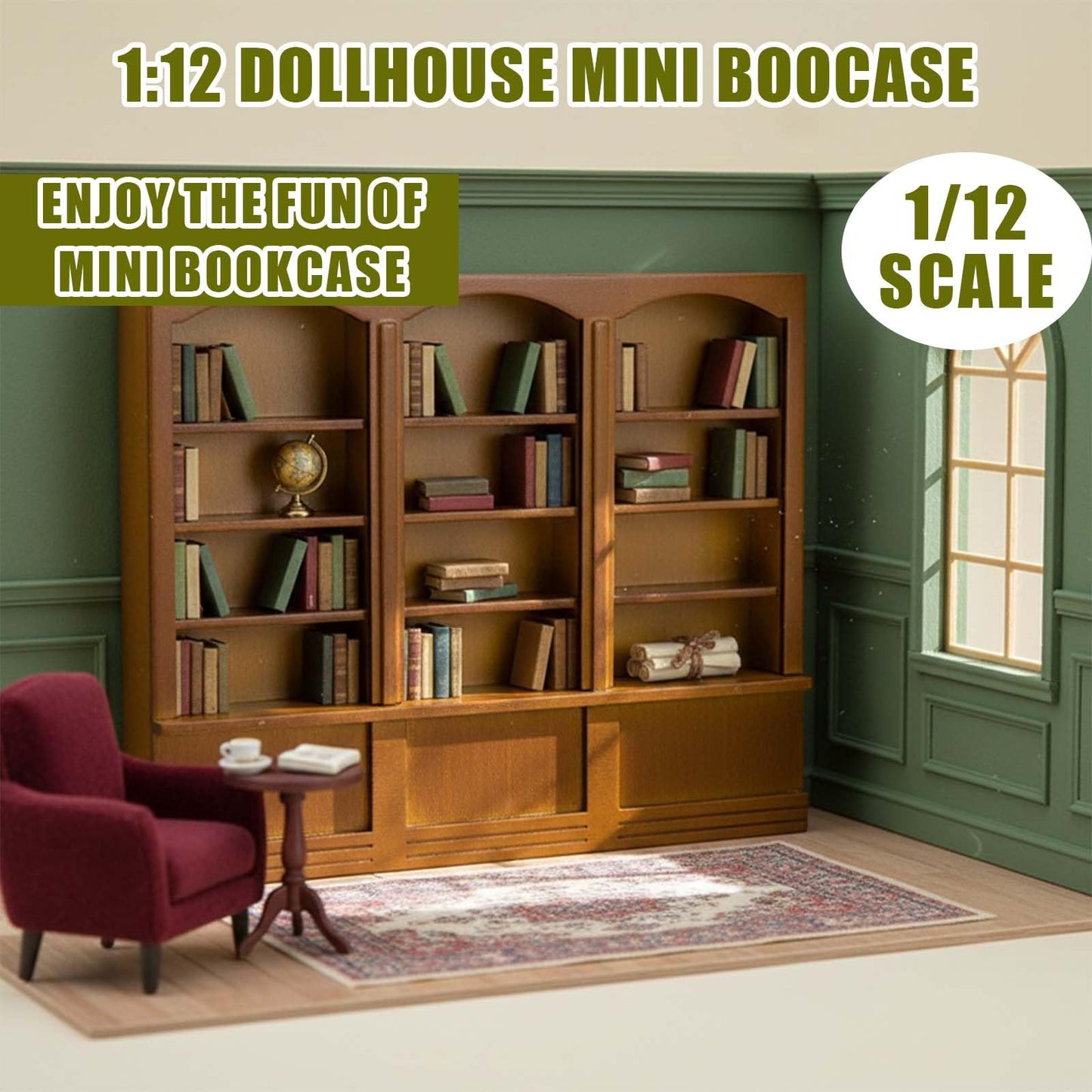 1:12 Dollhouse Mini Bookcase, Wooden Triple Display Cabinet & Bookshelf, Miniature Display Shelf for Doll House Decor Dollhouse Library Furniture Accessories (Brown)