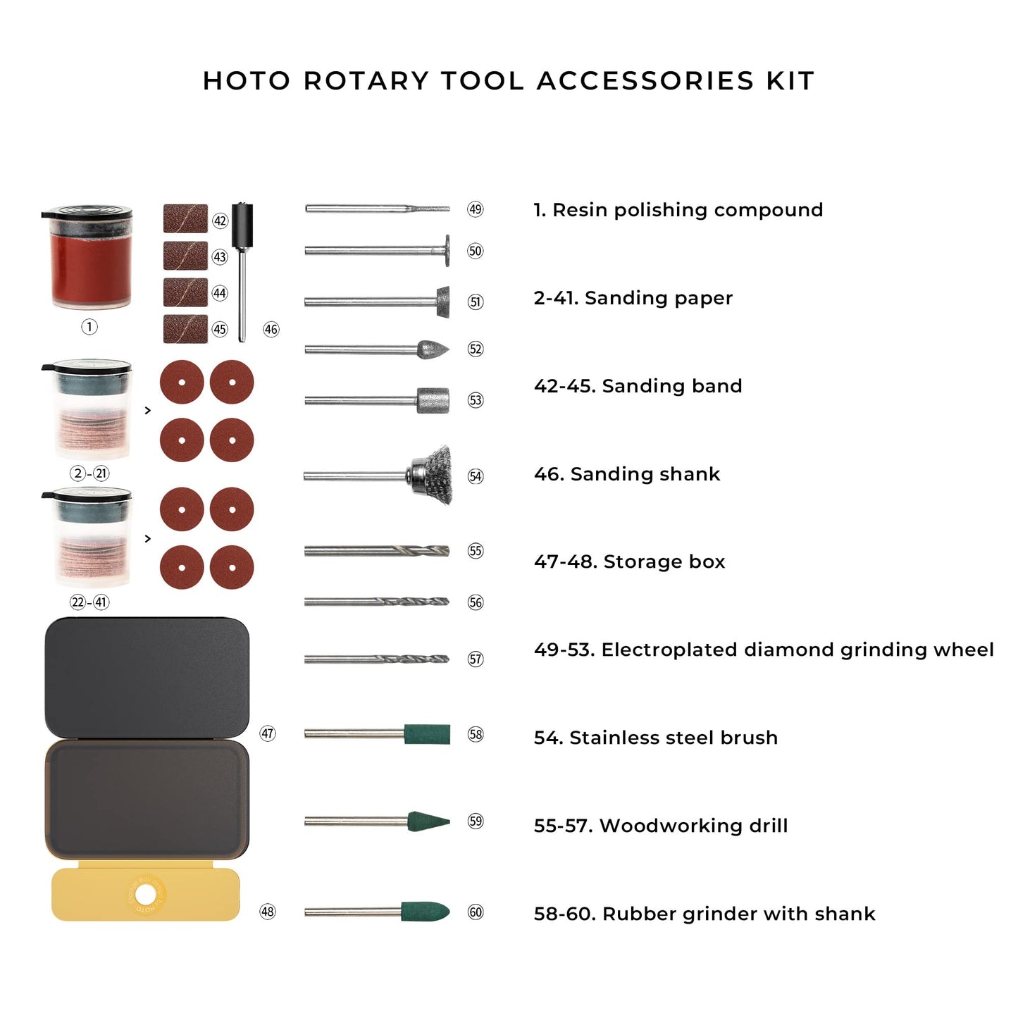 HOTO Rotary Tool Accessories Kit, 60-Piece Set, Fits 1/8'' (3.2mm) & 3/32'' (2.3mm), Sanding, Grinding, Cutting, Drilling, Sharpening, Carving & Engraving