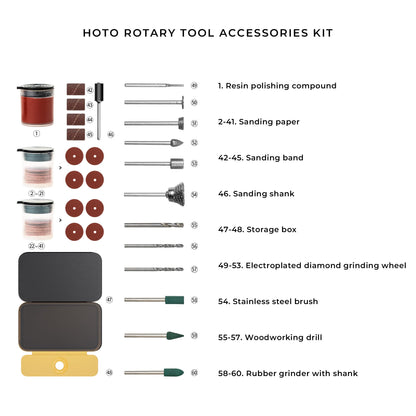 HOTO Rotary Tool Accessories Kit, 60-Piece Set, Fits 1/8'' (3.2mm) & 3/32'' (2.3mm), Sanding, Grinding, Cutting, Drilling, Sharpening, Carving & Engraving