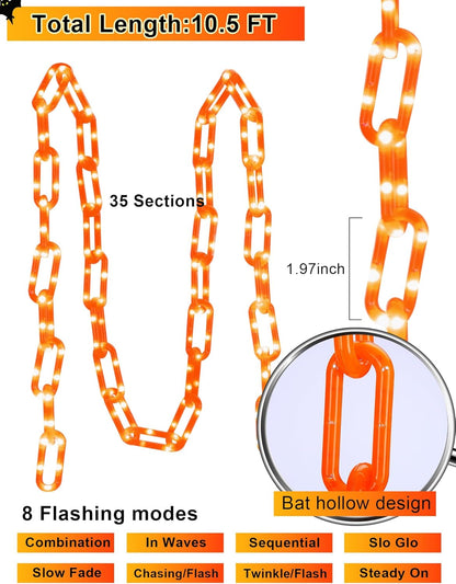 Lights,10.5 175LED Halloween Chain String FT Plastic Chain Orange Light Battery Operated with Memory Timer,Waterproof