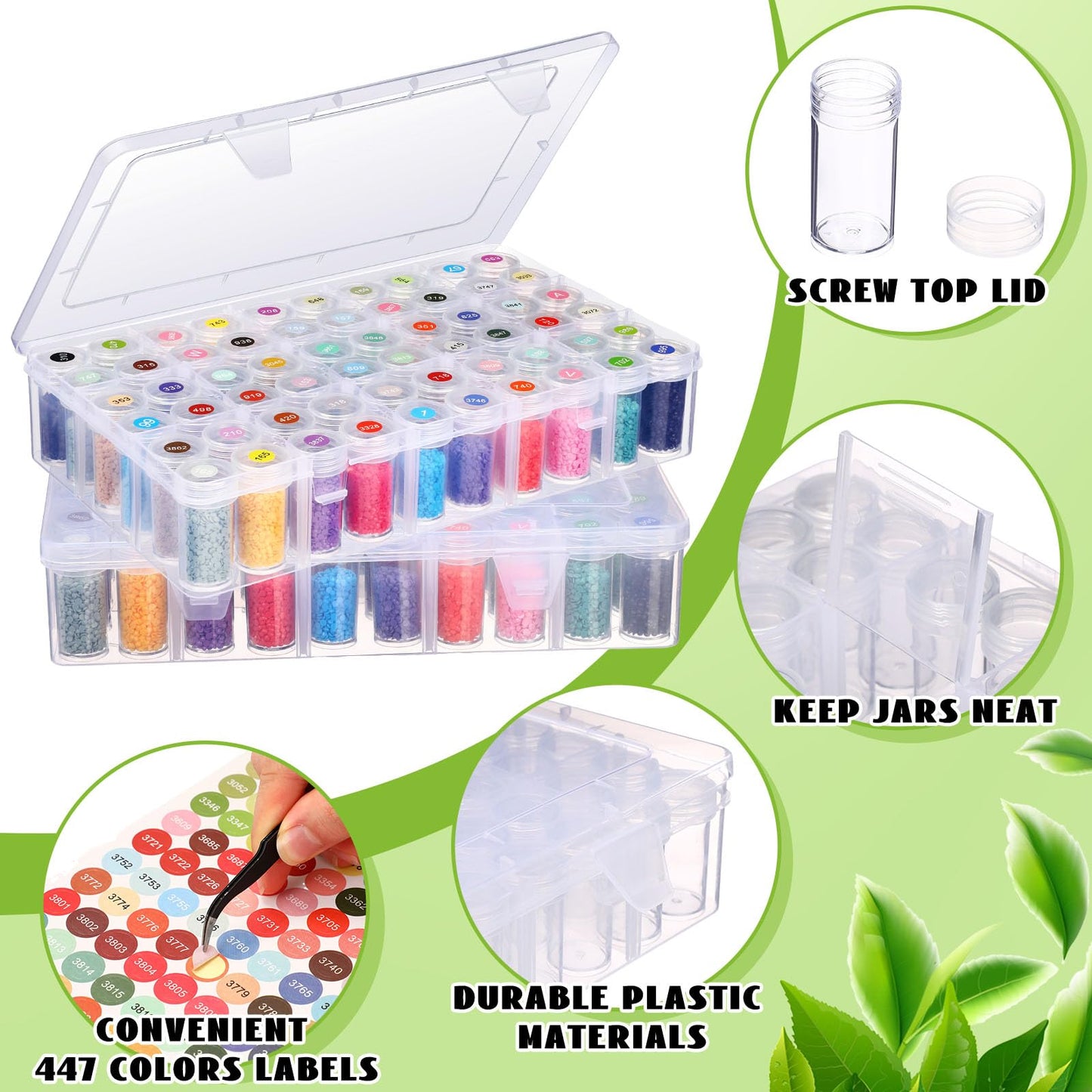 Willinglong 2 Pack Diamond Art Storage Containers Set, Grids Bead Organizer Box with Diamond Painting Accessories Labels for Jewelry Art DIY Dot Craft Bead Storage