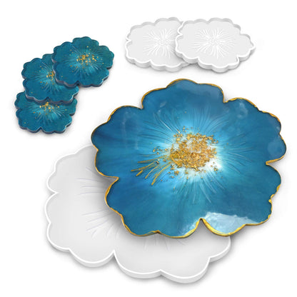 Panamalar Silicone Resin Molds, 1PCS Large Resin Tray Mold and 5PCS Coaster Molds for Resin Casting, Flower Shape Epoxy Resins Casting Molds for DIY, Home Decoration, Table Wine Tray-6 PCS