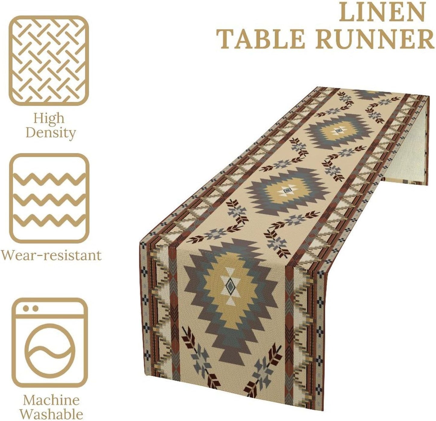 BATPLY Seamless 13x36in x1 Ethnic Aztec Linen Table Runner, Retro Boho Rustic Farmhouse Brown Red Native Tribal