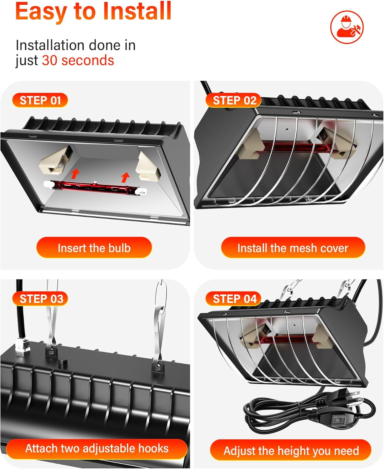 175W 250W 3M Chicken Coop Heater, ZIVASA & Dual-Mode Heat Lamp for Chickens with Cord, Adjustable Hanging Height