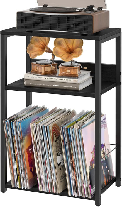 3-Tier 120 Albums, LELELINKY Record Player Stand, End Side Table with Vinyl Record Storage, Vinyl Record Holder Up