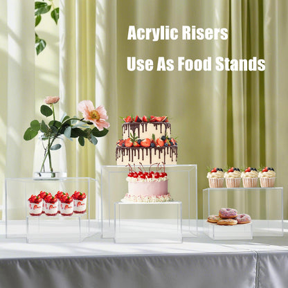 Cliselda 6Pcs Clear Acrylic Boxes for Display, Food Risers for Buffet Table Party Cupcake Candy Desset,Acrylic Nesting Risers Display Stands Cube Boxes with Hollow Bottoms