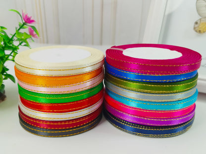 JESEP YONG 1/4" Gold Edge Solid Satin Polyester Ribbon, Mixed 16 Colors, 16 Rolls, 400 Yards, Ideal for DIY Crafts, Gift Wrapping, Wedding, Anniversary, Birthday