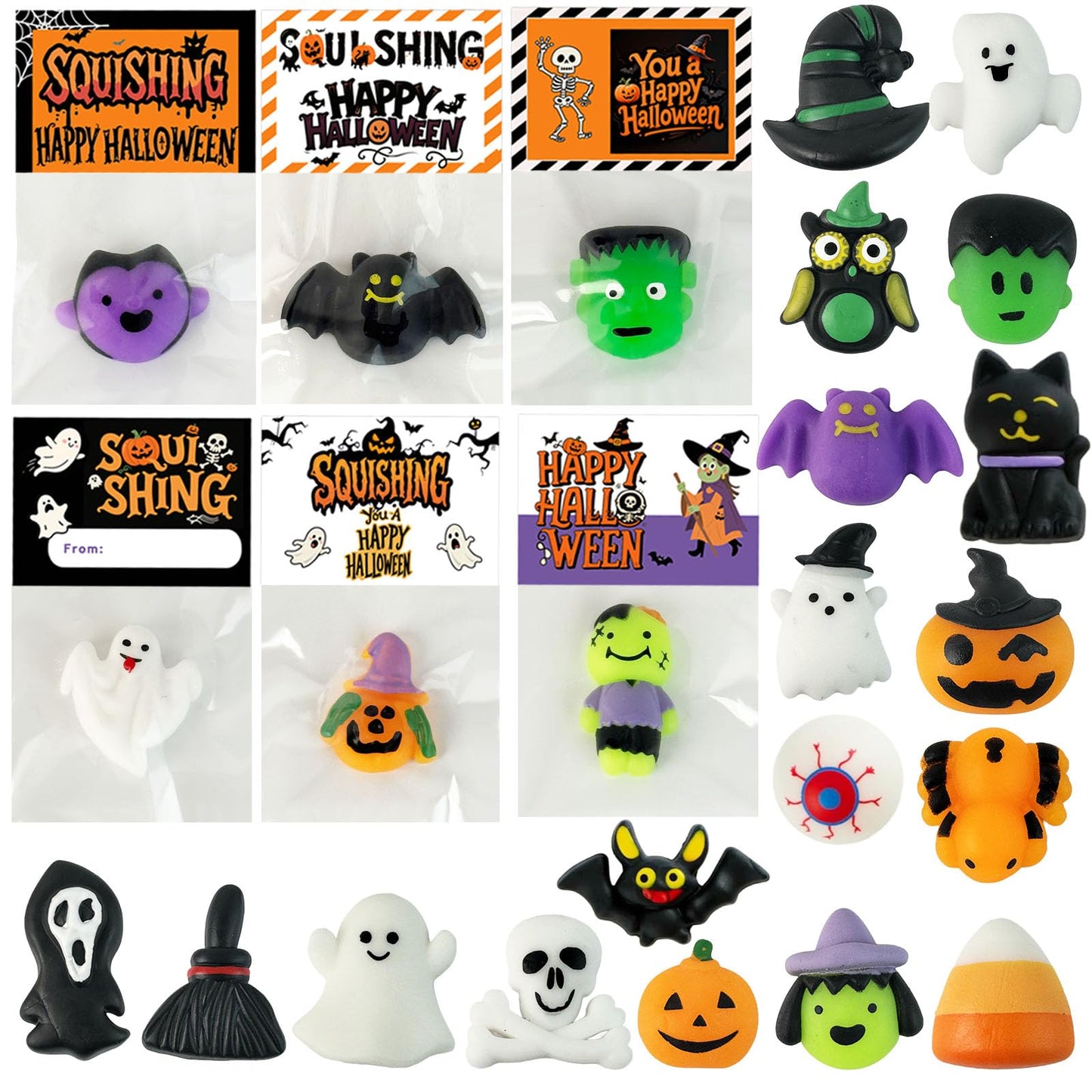 24Pack Halloween Mochi Squishy Toys,Halloween Party Favors, Halloween Classroom Gifts,Bulk Spooky Squishies Toys, Goodie Bag Basket Fillers,Halloween Treats Non Candy for Kids