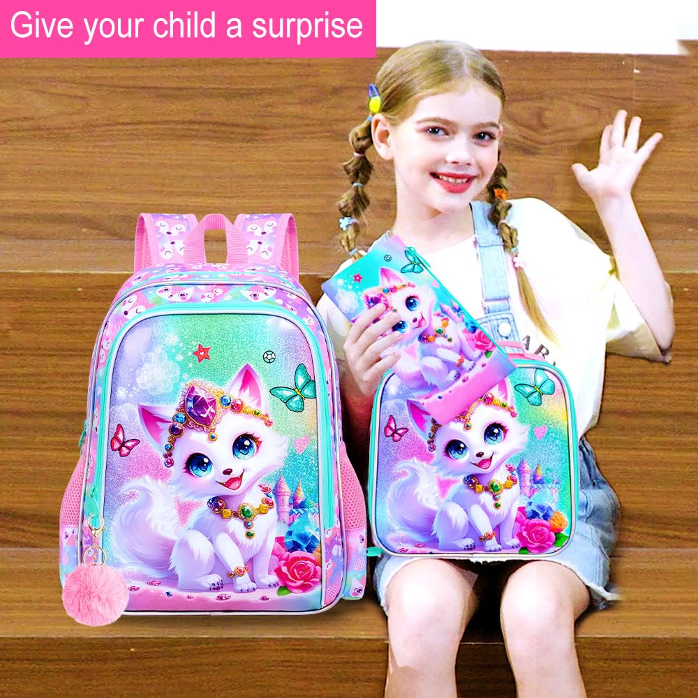 ZLYERT 16" Fox Backpack for Girls, 3Pcs Kids Bookbag for Elementary Preschool Kindergarten, School Backpacks with Lunch Box(Pink)