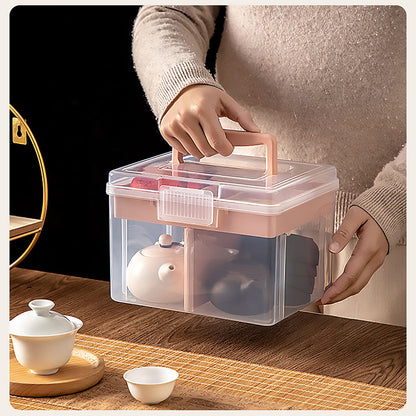 FOREVERIE Small Portable Plastic Storage Box for Beauty Ornaments Hair Nail Accessories, Cosmetic Case with Handle & Removable Tray & a Divider, Sewing Box Organizer, Kids Art Box (Clear & Pink)
