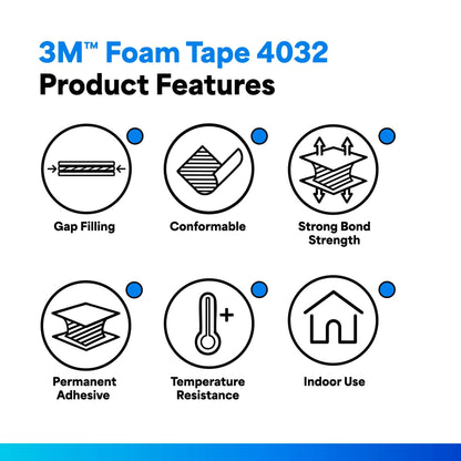 3M 4032 Double Coated Urethane Foam Tape, Bonding, Attaching, Mounting, White, 1 in x 5 yd, 1 Roll