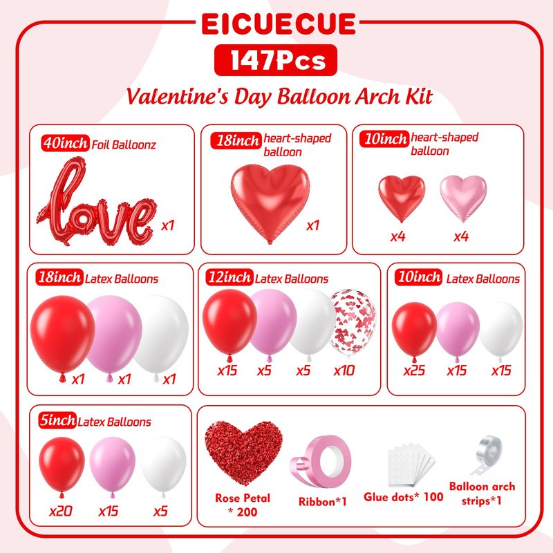 EICUECUE Valentines Day Balloons Garland Arch Kit - Rose Petals, Heart and LOVE Foil Balloon Different Size Pink White Red Balloons for Valentine's Day Galentine's Day Anniversary Party Decorations