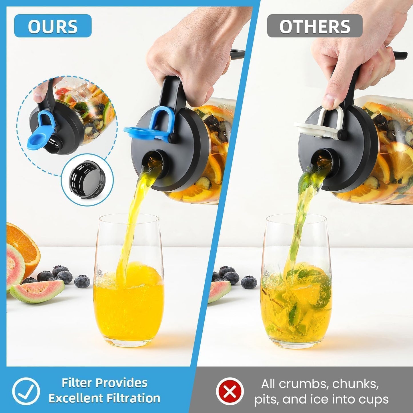 UPGRADED- Mason Jar Pour Spout Lids with Detachable Filters for Wide Mouth Mason Jars - 2 Pack Flip Top Pitcher Lids with Handle for Ball & Others- Airtight Seal Cover Cap, Dishwasher Safe, Food Grade