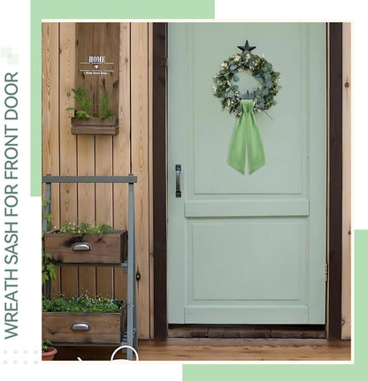 Skiennix Sage Green Wreath Sash - Elegant Linen Ribbon Bow for Front Door & Porch Decor | 2 Pcs