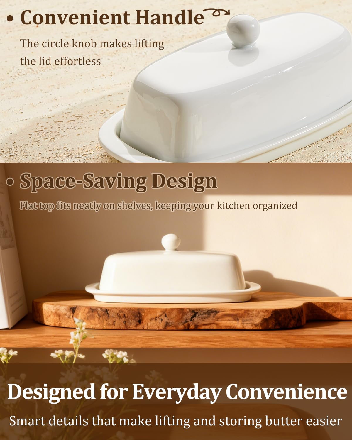 Yedio Ceramic Butter Dish with Lid and Knife for Countertop Refrigerator, 8 Inch White Butter Holder with Porcelain Cover Knob Handle for East West Coast Butter Stick