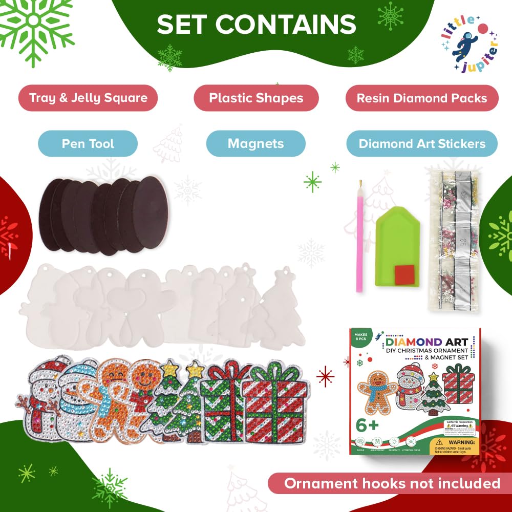 Little Jupiter DIY Magnet & Diamond Art Christmas Ornaments for Kids Set - Makes 8pcs - Crafts - Diamond Art Kits for Kids - Ornament Kits