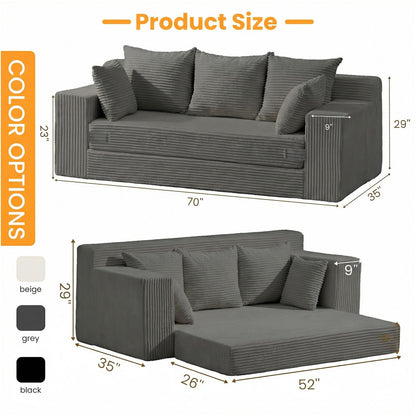 Winzoo Oversized Boneless Loveseat, 3 Seater Pull Out Convertible Sofa Bed, 70" Gray Boneless Couch Fold Out Floor Couch Sleeper Sofa with 5 Pillows for Living Room Bedroom Lounge Small Space