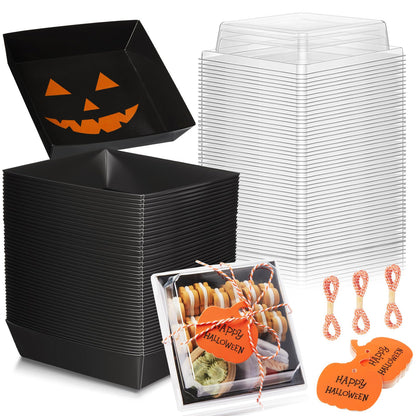 Yaomiao 50 Pcs Halloween Pumpkin Charcuterie Boxes with Clear Lid Rope Card 5.3 Inch Square Disposable Paper Food Containers Bakery Dessert Treat Boxes for Cake Cookie Sandwich Halloween Party Favor