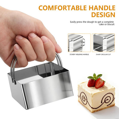 4 Pieces Square Cookie Cutters - 2inch, 2.25inch, 2.75inch, 3.15inch Stainless Steel Biscuit Cutter with Handle and Big Ring, Professional Baking Dough Cutter Tools for Cakes, Sandwiches