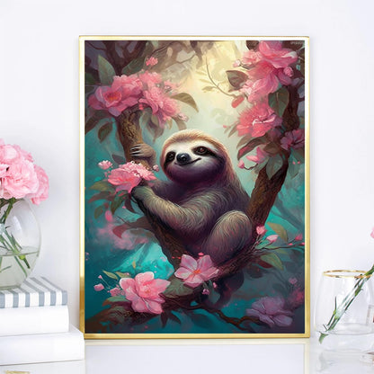 Christmas Sloth on Tree Pink Flowers Diamond Painting Kit Full Round Gemstone Crystal Diamond Art Kits Diamond Painting for Home Decor Wall Decor 12x16 inch for New Year, Valentine's Day Gifts