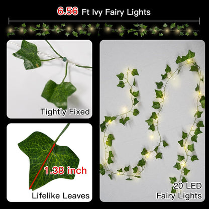 Suddus Ivy Vines String Lights - 20 LED Battery Operated Fairy Lights with Timer | 6.56FT Warm White Decor for Bedroom, Garden, and Events