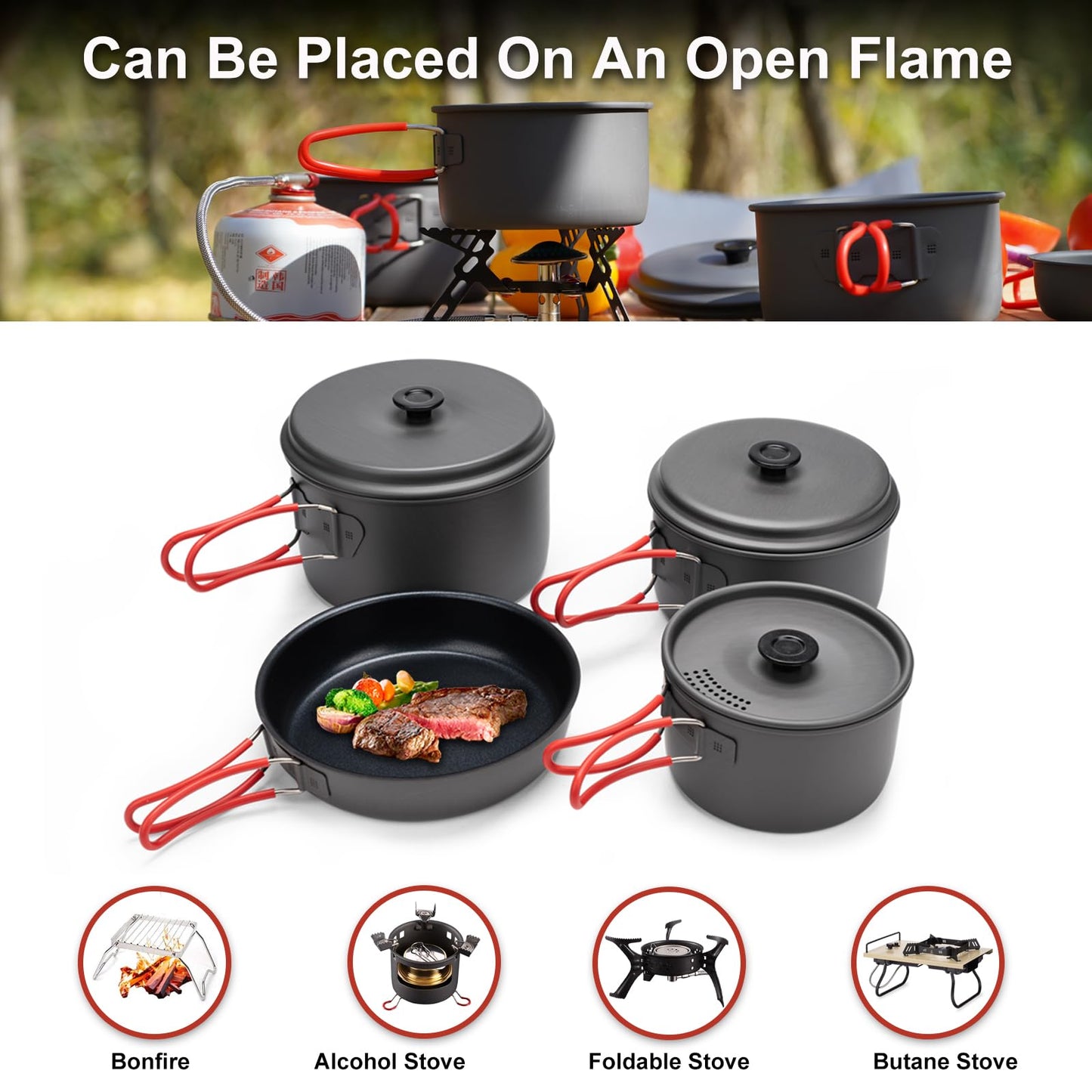 Alocs Camping Cookware, Aluminum Camping Cooking Set Camp Kitchen, Portable Camping Pots and Pans Set Essentials Mess Kit for Backpacking, Outdoor Cooking and Picnic