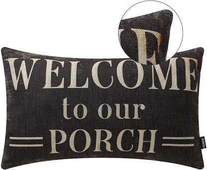 TRENDIN Decorative Throw Pillow Cover 20x12 inch Rustic Look Black Welcome to Our Porch Cushion Case