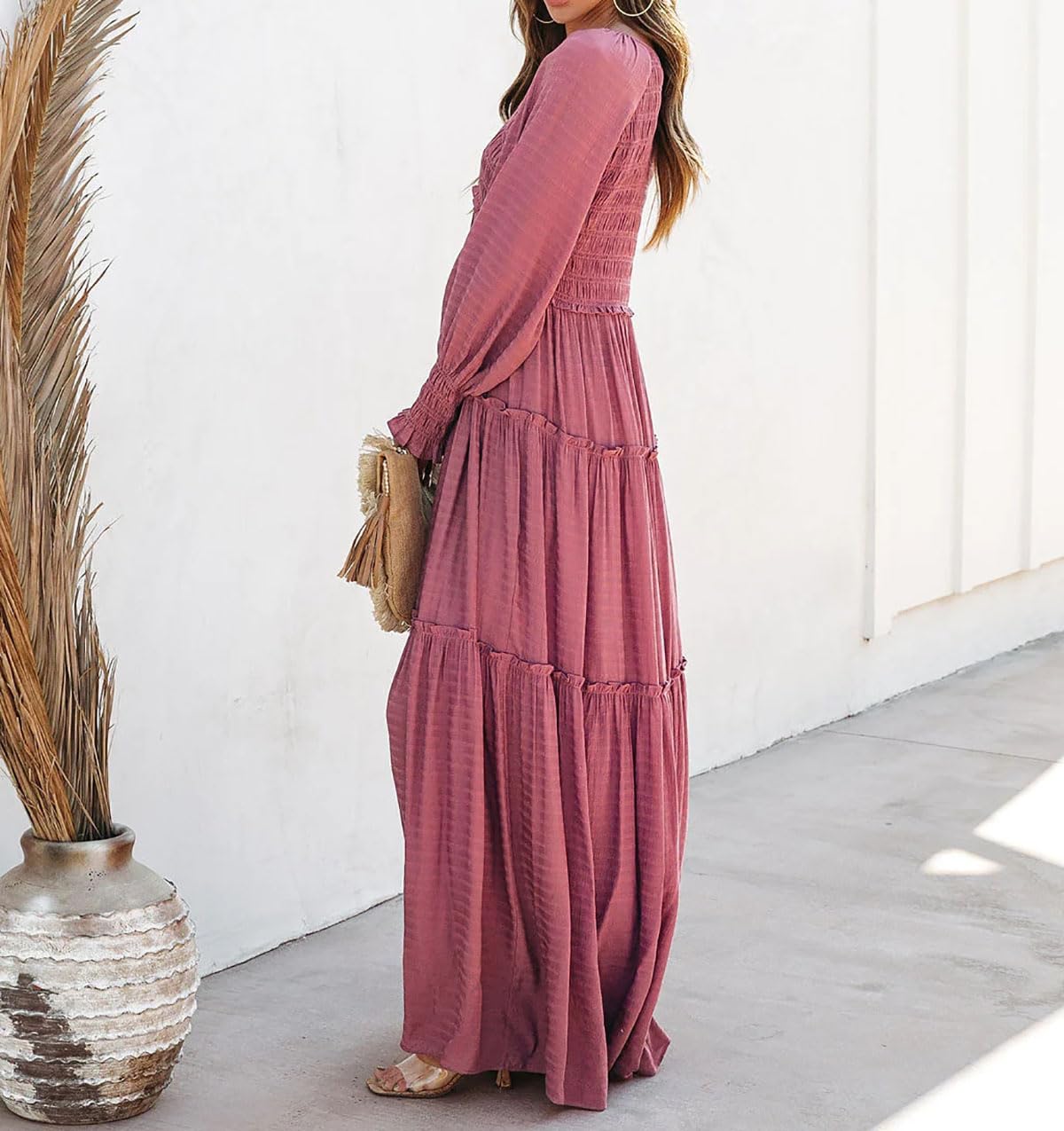 R.Vivimos Maxi Dress for Women Long Sleeve V Neck Empire Waist Layered Ruffle Boho Casual Flowy Long Dresses