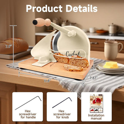 Manual Bread Slicer for Homemade Sourdough Bread, Add Metal Rails, Hand Crank Bread Slicer Machine with Scale Line and Suction Cup, Stainless Steel Blade Bread Cutter Adjustable Thickness