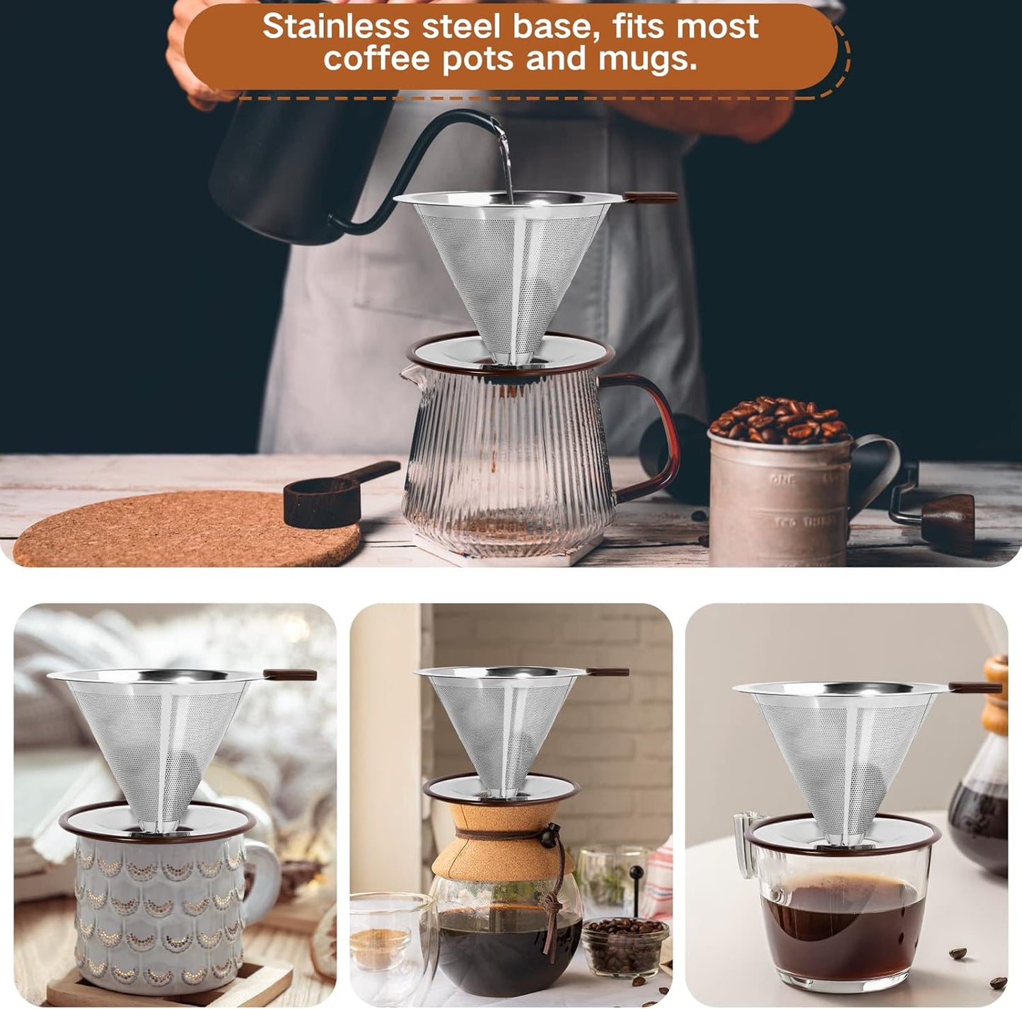 Pour Over Coffee Dripper, Professional Paperless Drip Brew Cone Maker with Reusable Stainless Steel Filter, 1-4 Cup