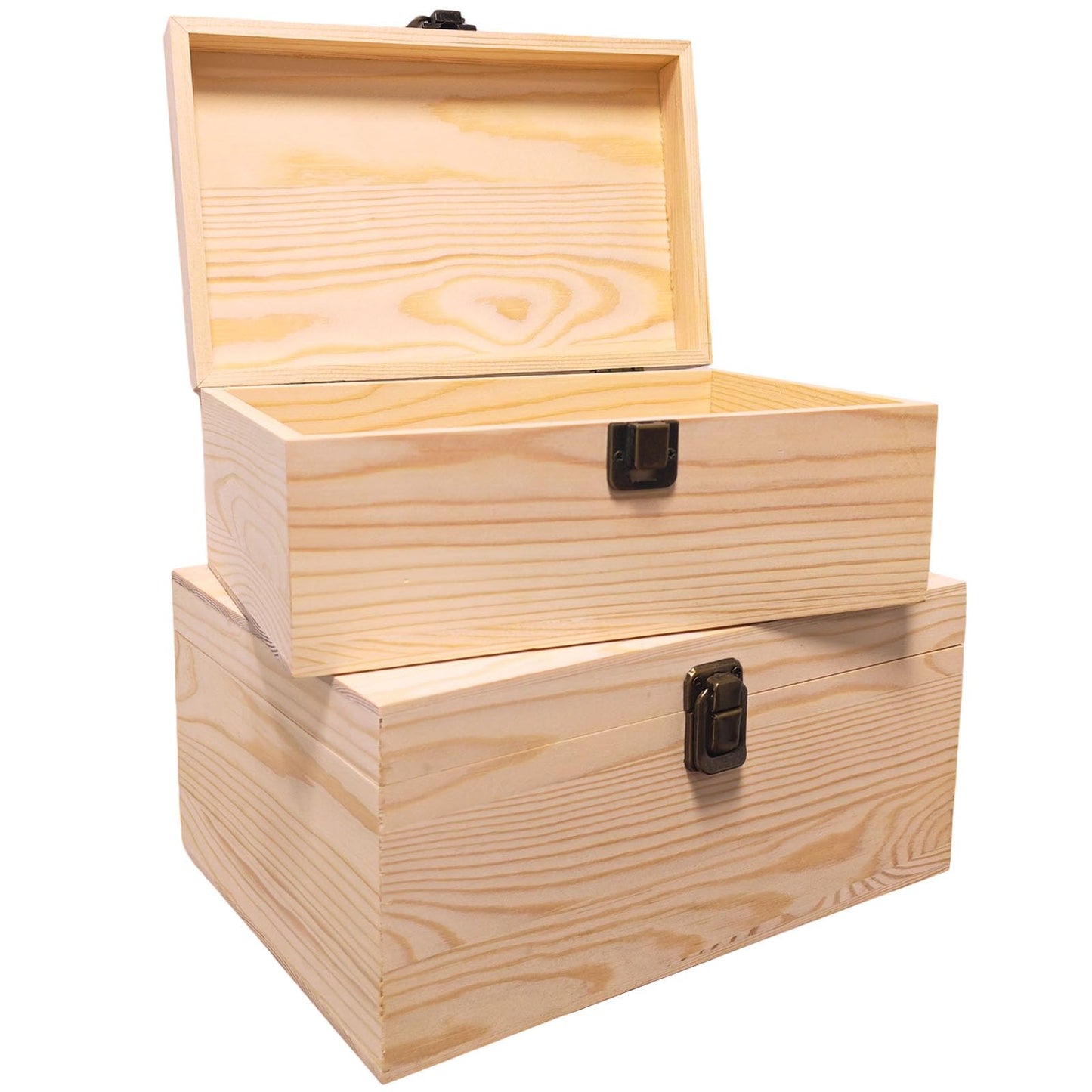LuckyZoo77 Large Unfinished Wooden Storage Box with Lid & Latch, 2-Pack Pine Wood Craft Boxes with Bonus Small Box for DIY Crafts & Gifts
