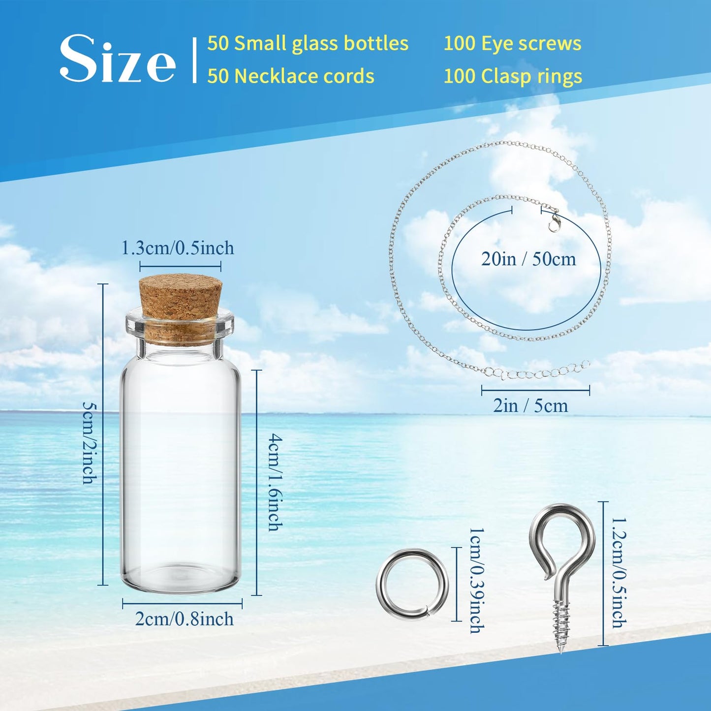 Sawysine 50 Pcs 10 ml Mini Glass Bottles Jars with Cork Mini Potion Bottles 50 Pcs Link Necklace Chain with Lobster Clasps Jewelry Chain 100 Pcs Eye Screws 100 Rings for Bead DIY Crafts Pendant Making