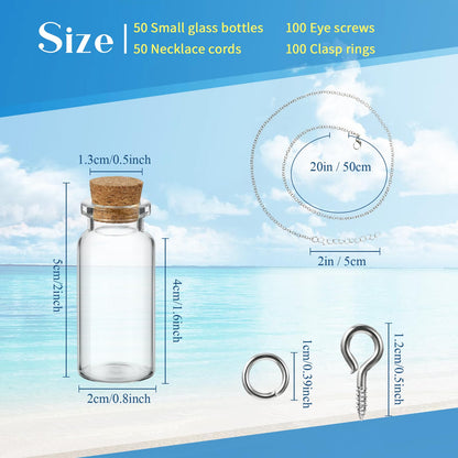 Sawysine 50 Pcs 10 ml Mini Glass Bottles Jars with Cork Mini Potion Bottles 50 Pcs Link Necklace Chain with Lobster Clasps Jewelry Chain 100 Pcs Eye Screws 100 Rings for Bead DIY Crafts Pendant Making